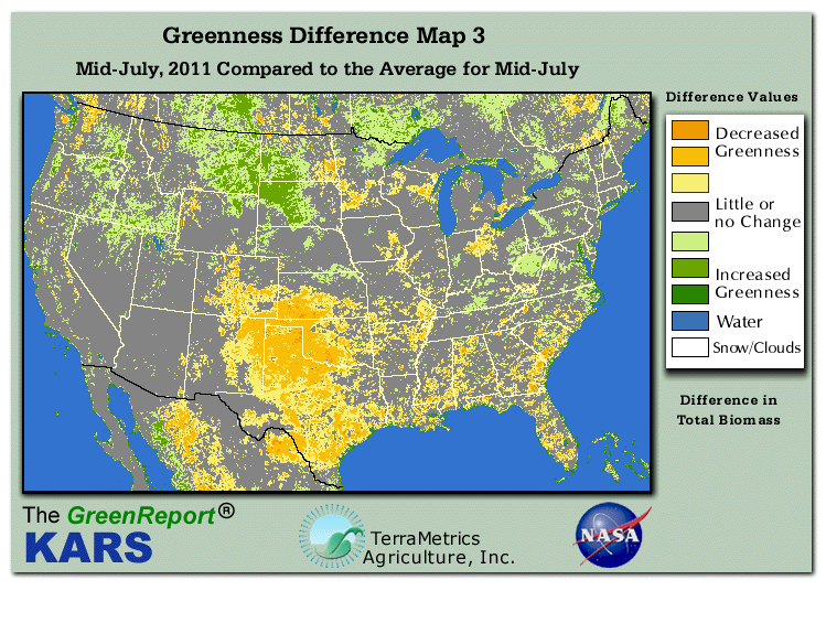 Color-coded U.S. vegetation greeness index map for Period 29 of 2011, illustrating spatial variations in plant vigor, with greener tones indicating higher biomass and browner tones indicating stressed vegetation,
              comparing current crop/vegetation change in biomass to the 20-year greenness average.