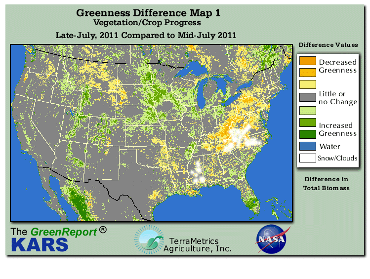 Color-coded U.S. vegetation greeness index map for Period 30 of 2011, illustrating spatial variations in plant vigor, with greener tones indicating higher biomass and browner tones indicating stressed vegetation,
              comparing current crop/vegetation change in biomass to the previous week within the same year.
