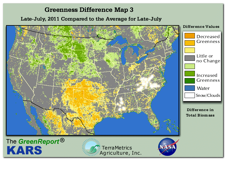 Color-coded U.S. vegetation greeness index map for Period 30 of 2011, illustrating spatial variations in plant vigor, with greener tones indicating higher biomass and browner tones indicating stressed vegetation,
              comparing current crop/vegetation change in biomass to the 20-year greenness average.