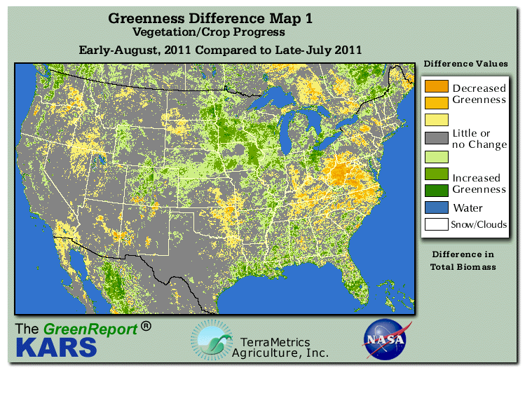 Color-coded U.S. vegetation greeness index map for Period 31 of 2011, illustrating spatial variations in plant vigor, with greener tones indicating higher biomass and browner tones indicating stressed vegetation,
              comparing current crop/vegetation change in biomass to the previous week within the same year.