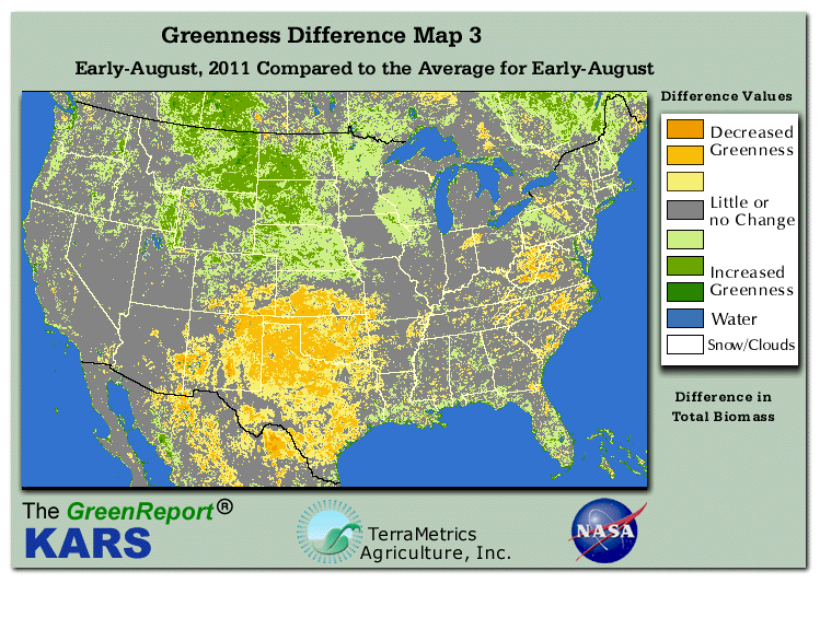 Color-coded U.S. vegetation greeness index map for Period 31 of 2011, illustrating spatial variations in plant vigor, with greener tones indicating higher biomass and browner tones indicating stressed vegetation,
              comparing current crop/vegetation change in biomass to the 20-year greenness average.