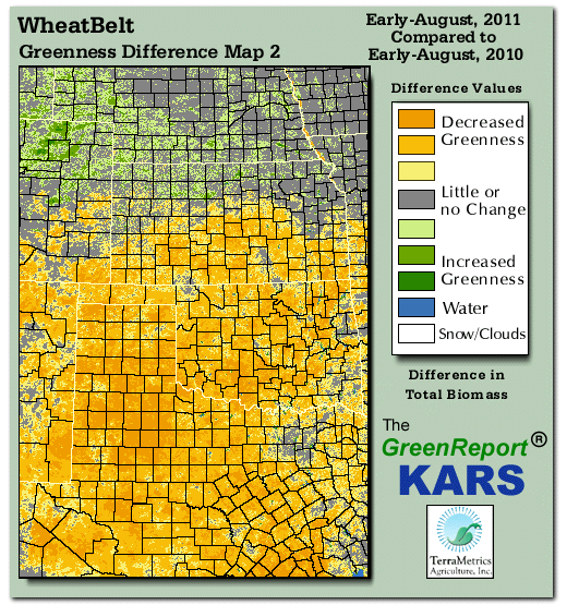 Color-coded Wheat Belt vegetation greeness index map for Period 31 of 2011, illustrating spatial variations in plant vigor, with greener tones indicating higher biomass and browner tones indicating stressed vegetation,
              comparing current crop/vegetation change in biomass to same period from the previous year.