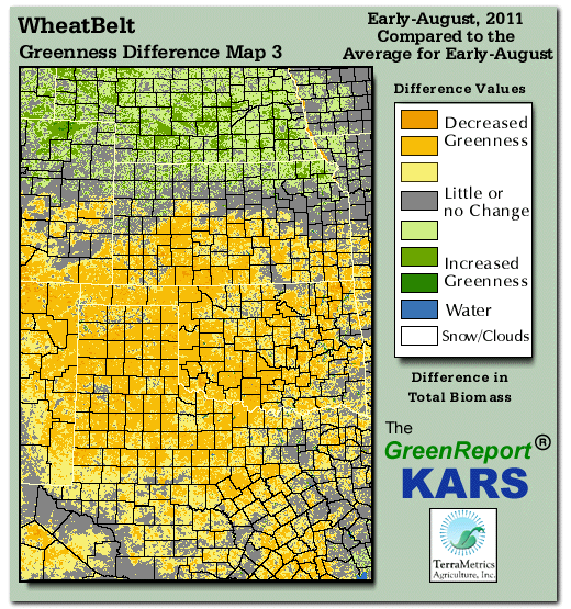 Color-coded Wheat Belt vegetation greeness index map for Period 31 of 2011, illustrating spatial variations in plant vigor, with greener tones indicating higher biomass and browner tones indicating stressed vegetation,
              comparing current crop/vegetation change in biomass to the 20-year greenness average.