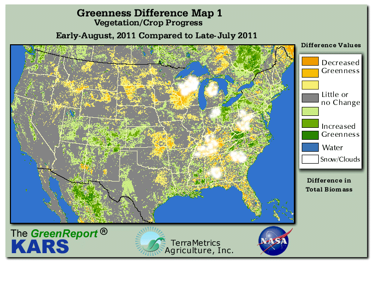 Color-coded U.S. vegetation greeness index map for Period 32 of 2011, illustrating spatial variations in plant vigor, with greener tones indicating higher biomass and browner tones indicating stressed vegetation,
              comparing current crop/vegetation change in biomass to the previous week within the same year.