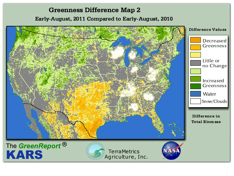 Color-coded U.S. vegetation greeness index map for Period 32 of 2011, illustrating spatial variations in plant vigor, with greener tones indicating higher biomass and browner tones indicating stressed vegetation,
              comparing current crop/vegetation change in biomass to same period from the previous year.