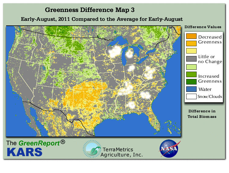Color-coded U.S. vegetation greeness index map for Period 32 of 2011, illustrating spatial variations in plant vigor, with greener tones indicating higher biomass and browner tones indicating stressed vegetation,
              comparing current crop/vegetation change in biomass to the 20-year greenness average.