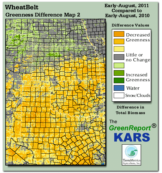 Color-coded Wheat Belt vegetation greeness index map for Period 32 of 2011, illustrating spatial variations in plant vigor, with greener tones indicating higher biomass and browner tones indicating stressed vegetation,
              comparing current crop/vegetation change in biomass to same period from the previous year.