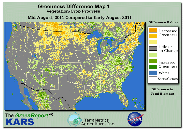 Color-coded U.S. vegetation greeness index map for Period 33 of 2011, illustrating spatial variations in plant vigor, with greener tones indicating higher biomass and browner tones indicating stressed vegetation,
              comparing current crop/vegetation change in biomass to the previous week within the same year.