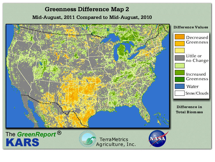 Color-coded U.S. vegetation greeness index map for Period 33 of 2011, illustrating spatial variations in plant vigor, with greener tones indicating higher biomass and browner tones indicating stressed vegetation,
              comparing current crop/vegetation change in biomass to same period from the previous year.