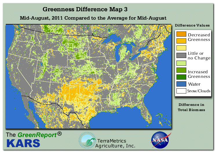 Color-coded U.S. vegetation greeness index map for Period 33 of 2011, illustrating spatial variations in plant vigor, with greener tones indicating higher biomass and browner tones indicating stressed vegetation,
              comparing current crop/vegetation change in biomass to the 20-year greenness average.