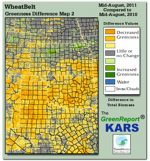 Color-coded Wheat Belt vegetation greeness index map for Period 33 of 2011, illustrating spatial variations in plant vigor, with greener tones indicating higher biomass and browner tones indicating stressed vegetation,
              comparing current crop/vegetation change in biomass to same period from the previous year.