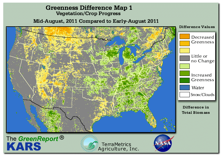 Color-coded U.S. vegetation greeness index map for Period 34 of 2011, illustrating spatial variations in plant vigor, with greener tones indicating higher biomass and browner tones indicating stressed vegetation,
              comparing current crop/vegetation change in biomass to the previous week within the same year.
