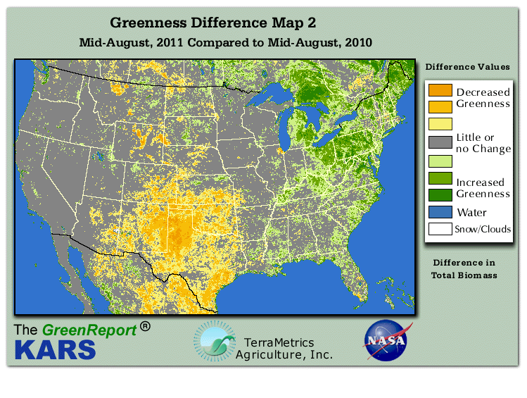 Color-coded U.S. vegetation greeness index map for Period 34 of 2011, illustrating spatial variations in plant vigor, with greener tones indicating higher biomass and browner tones indicating stressed vegetation,
              comparing current crop/vegetation change in biomass to same period from the previous year.