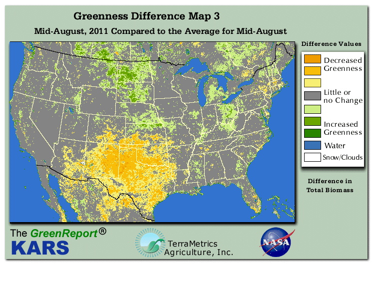 Color-coded U.S. vegetation greeness index map for Period 34 of 2011, illustrating spatial variations in plant vigor, with greener tones indicating higher biomass and browner tones indicating stressed vegetation,
              comparing current crop/vegetation change in biomass to the 20-year greenness average.