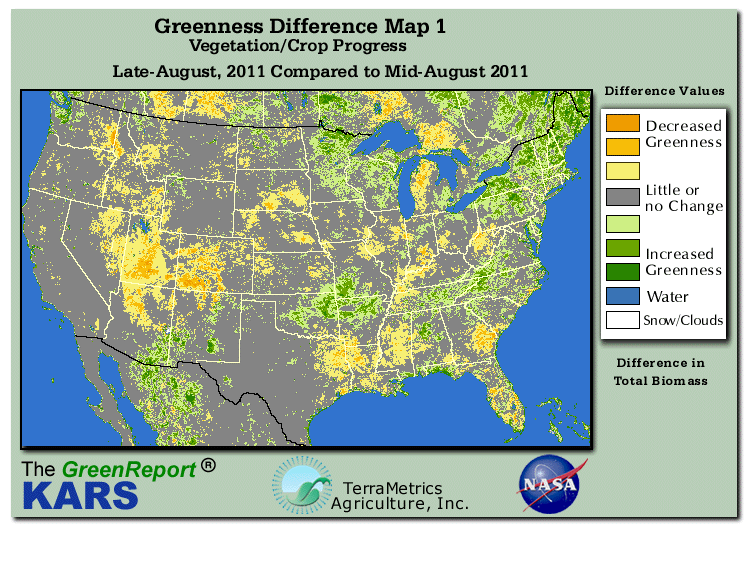Color-coded U.S. vegetation greeness index map for Period 35 of 2011, illustrating spatial variations in plant vigor, with greener tones indicating higher biomass and browner tones indicating stressed vegetation,
              comparing current crop/vegetation change in biomass to the previous week within the same year.