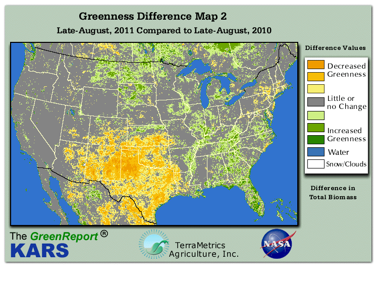 Color-coded U.S. vegetation greeness index map for Period 35 of 2011, illustrating spatial variations in plant vigor, with greener tones indicating higher biomass and browner tones indicating stressed vegetation,
              comparing current crop/vegetation change in biomass to same period from the previous year.