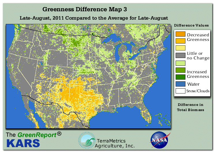 Color-coded U.S. vegetation greeness index map for Period 35 of 2011, illustrating spatial variations in plant vigor, with greener tones indicating higher biomass and browner tones indicating stressed vegetation,
              comparing current crop/vegetation change in biomass to the 20-year greenness average.