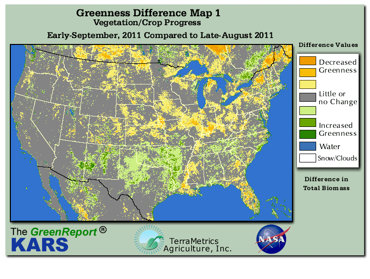 Color-coded U.S. vegetation greeness index map for Period 36 of 2011, illustrating spatial variations in plant vigor, with greener tones indicating higher biomass and browner tones indicating stressed vegetation,
              comparing current crop/vegetation change in biomass to the previous week within the same year.