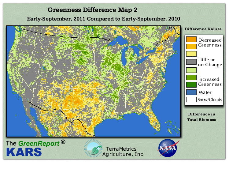 Color-coded U.S. vegetation greeness index map for Period 36 of 2011, illustrating spatial variations in plant vigor, with greener tones indicating higher biomass and browner tones indicating stressed vegetation,
              comparing current crop/vegetation change in biomass to same period from the previous year.