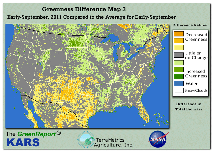 Color-coded U.S. vegetation greeness index map for Period 36 of 2011, illustrating spatial variations in plant vigor, with greener tones indicating higher biomass and browner tones indicating stressed vegetation,
              comparing current crop/vegetation change in biomass to the 20-year greenness average.