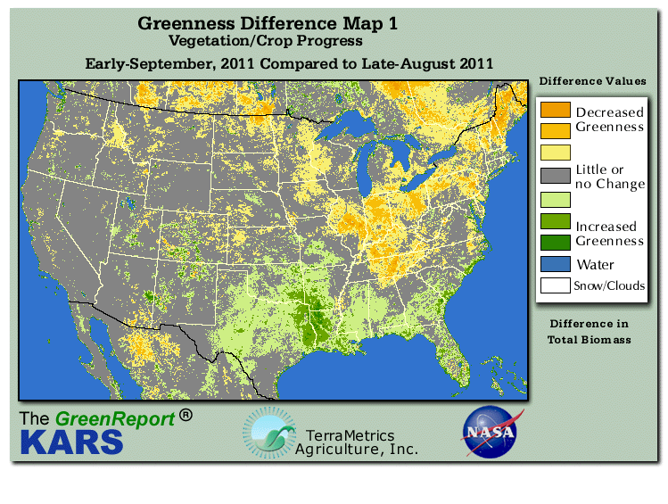 Color-coded U.S. vegetation greeness index map for Period 37 of 2011, illustrating spatial variations in plant vigor, with greener tones indicating higher biomass and browner tones indicating stressed vegetation,
              comparing current crop/vegetation change in biomass to the previous week within the same year.