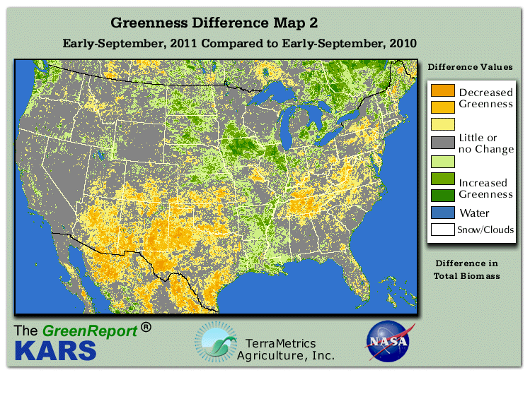 Color-coded U.S. vegetation greeness index map for Period 37 of 2011, illustrating spatial variations in plant vigor, with greener tones indicating higher biomass and browner tones indicating stressed vegetation,
              comparing current crop/vegetation change in biomass to same period from the previous year.