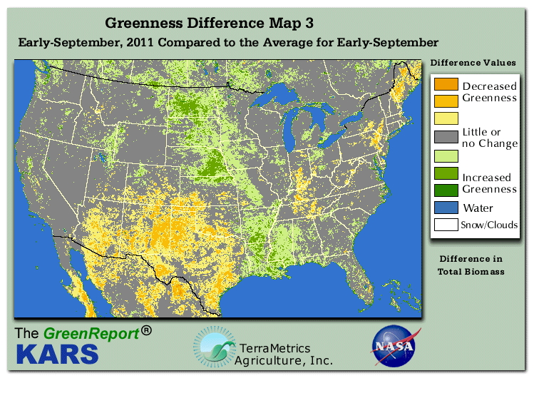 Color-coded U.S. vegetation greeness index map for Period 37 of 2011, illustrating spatial variations in plant vigor, with greener tones indicating higher biomass and browner tones indicating stressed vegetation,
              comparing current crop/vegetation change in biomass to the 20-year greenness average.