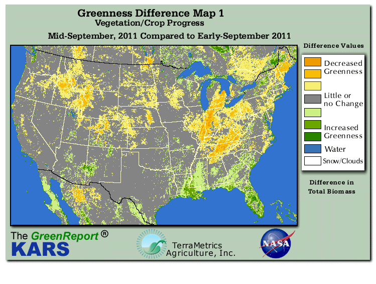 Color-coded U.S. vegetation greeness index map for Period 38 of 2011, illustrating spatial variations in plant vigor, with greener tones indicating higher biomass and browner tones indicating stressed vegetation,
              comparing current crop/vegetation change in biomass to the previous week within the same year.