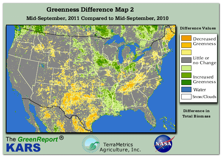 Color-coded U.S. vegetation greeness index map for Period 38 of 2011, illustrating spatial variations in plant vigor, with greener tones indicating higher biomass and browner tones indicating stressed vegetation,
              comparing current crop/vegetation change in biomass to same period from the previous year.