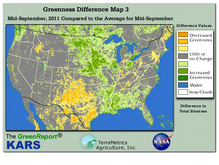 Color-coded U.S. vegetation greeness index map for Period 38 of 2011, illustrating spatial variations in plant vigor, with greener tones indicating higher biomass and browner tones indicating stressed vegetation,
              comparing current crop/vegetation change in biomass to the 20-year greenness average.