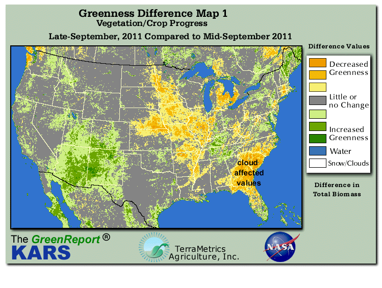 Color-coded U.S. vegetation greeness index map for Period 39 of 2011, illustrating spatial variations in plant vigor, with greener tones indicating higher biomass and browner tones indicating stressed vegetation,
              comparing current crop/vegetation change in biomass to the previous week within the same year.