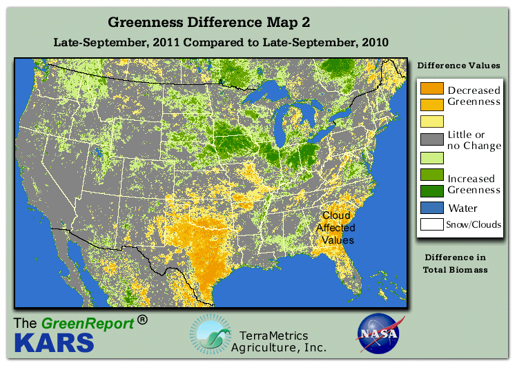 Color-coded U.S. vegetation greeness index map for Period 39 of 2011, illustrating spatial variations in plant vigor, with greener tones indicating higher biomass and browner tones indicating stressed vegetation,
              comparing current crop/vegetation change in biomass to same period from the previous year.