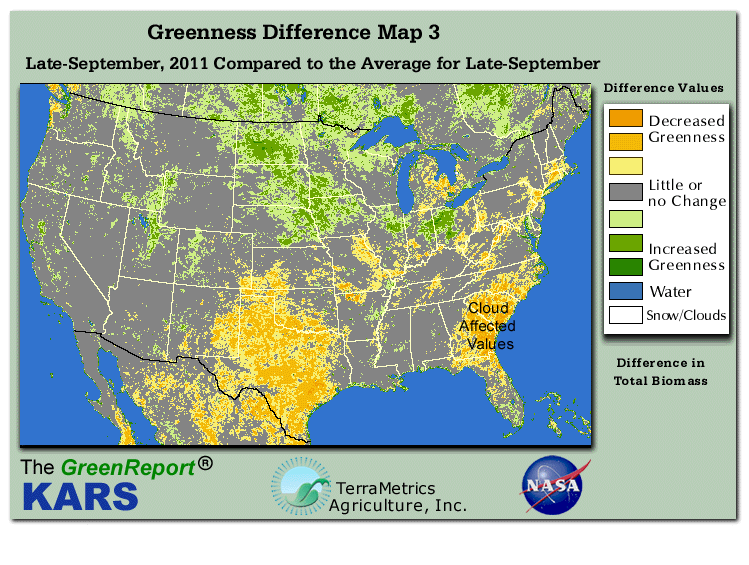Color-coded U.S. vegetation greeness index map for Period 39 of 2011, illustrating spatial variations in plant vigor, with greener tones indicating higher biomass and browner tones indicating stressed vegetation,
              comparing current crop/vegetation change in biomass to the 20-year greenness average.