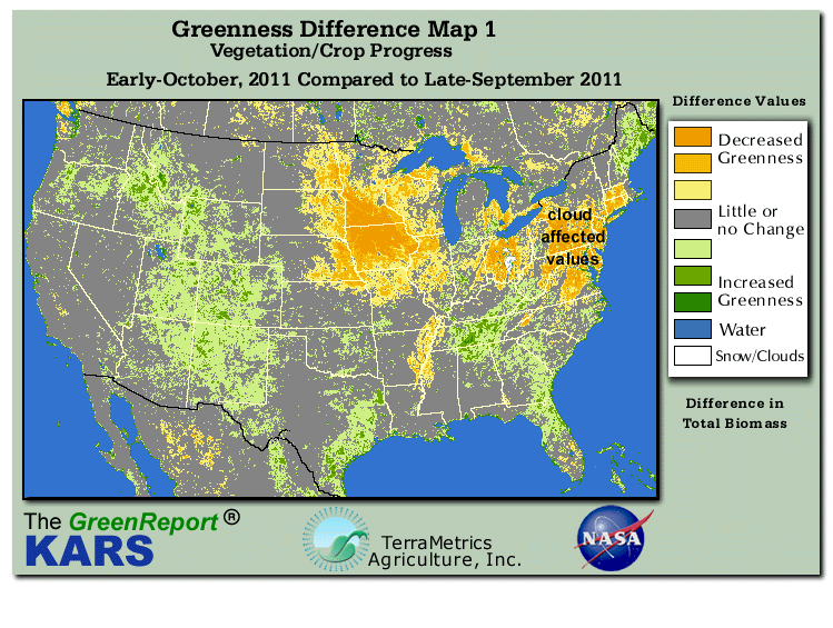 Color-coded U.S. vegetation greeness index map for Period 40 of 2011, illustrating spatial variations in plant vigor, with greener tones indicating higher biomass and browner tones indicating stressed vegetation,
              comparing current crop/vegetation change in biomass to the previous week within the same year.
