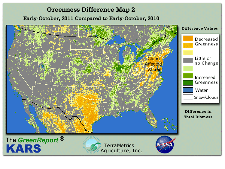 Color-coded U.S. vegetation greeness index map for Period 40 of 2011, illustrating spatial variations in plant vigor, with greener tones indicating higher biomass and browner tones indicating stressed vegetation,
              comparing current crop/vegetation change in biomass to same period from the previous year.