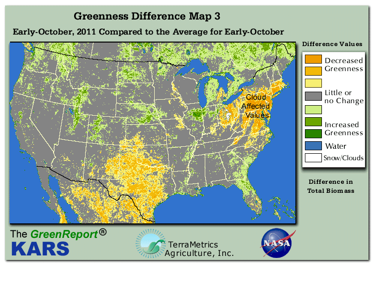 Color-coded U.S. vegetation greeness index map for Period 40 of 2011, illustrating spatial variations in plant vigor, with greener tones indicating higher biomass and browner tones indicating stressed vegetation,
              comparing current crop/vegetation change in biomass to the 20-year greenness average.