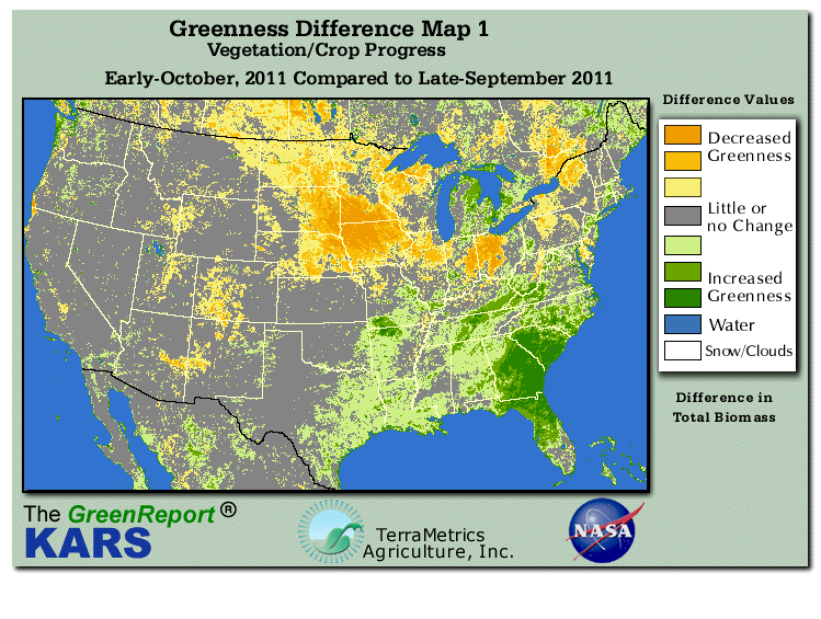 Color-coded U.S. vegetation greeness index map for Period 41 of 2011, illustrating spatial variations in plant vigor, with greener tones indicating higher biomass and browner tones indicating stressed vegetation,
              comparing current crop/vegetation change in biomass to the previous week within the same year.