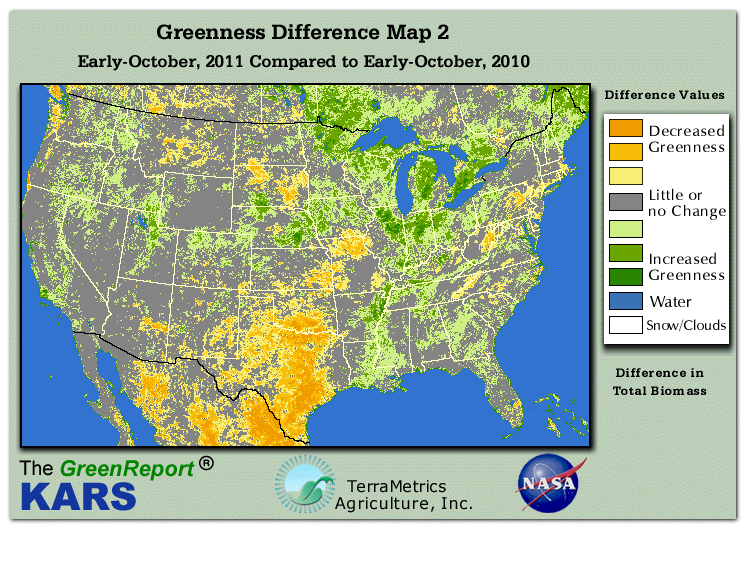 Color-coded U.S. vegetation greeness index map for Period 41 of 2011, illustrating spatial variations in plant vigor, with greener tones indicating higher biomass and browner tones indicating stressed vegetation,
              comparing current crop/vegetation change in biomass to same period from the previous year.