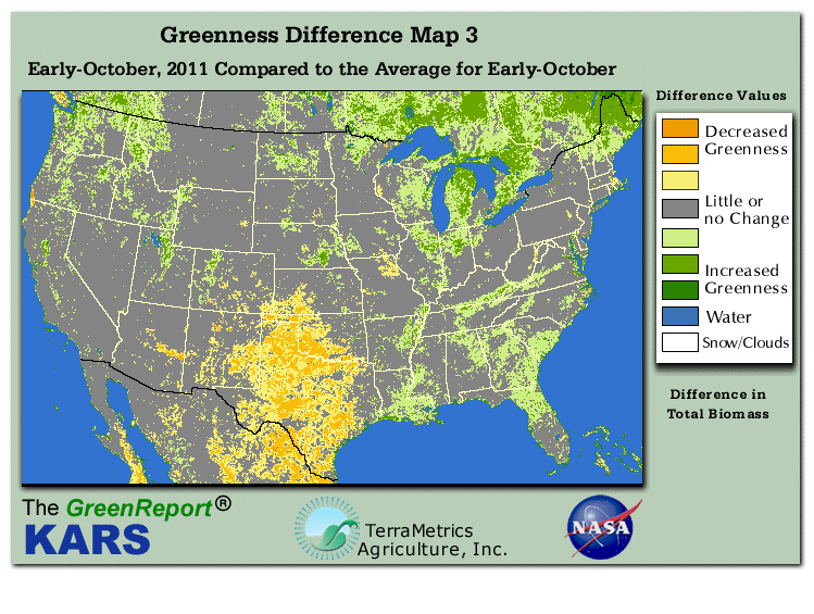 Color-coded U.S. vegetation greeness index map for Period 41 of 2011, illustrating spatial variations in plant vigor, with greener tones indicating higher biomass and browner tones indicating stressed vegetation,
              comparing current crop/vegetation change in biomass to the 20-year greenness average.