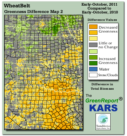 Color-coded Wheat Belt vegetation greeness index map for Period 41 of 2011, illustrating spatial variations in plant vigor, with greener tones indicating higher biomass and browner tones indicating stressed vegetation,
              comparing current crop/vegetation change in biomass to same period from the previous year.