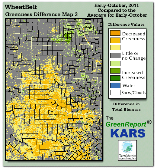 Color-coded Wheat Belt vegetation greeness index map for Period 41 of 2011, illustrating spatial variations in plant vigor, with greener tones indicating higher biomass and browner tones indicating stressed vegetation,
              comparing current crop/vegetation change in biomass to the 20-year greenness average.