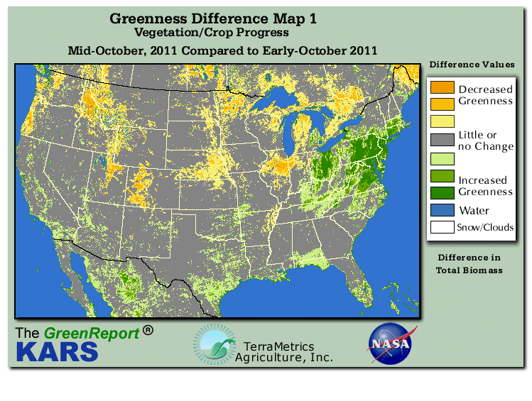 Color-coded U.S. vegetation greeness index map for Period 42 of 2011, illustrating spatial variations in plant vigor, with greener tones indicating higher biomass and browner tones indicating stressed vegetation,
              comparing current crop/vegetation change in biomass to the previous week within the same year.