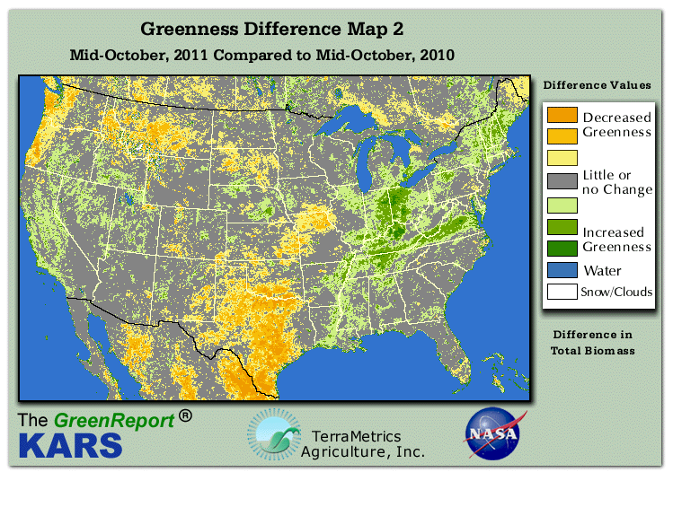 Color-coded U.S. vegetation greeness index map for Period 42 of 2011, illustrating spatial variations in plant vigor, with greener tones indicating higher biomass and browner tones indicating stressed vegetation,
              comparing current crop/vegetation change in biomass to same period from the previous year.