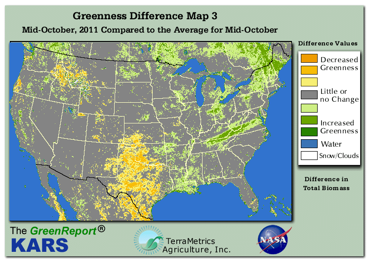 Color-coded U.S. vegetation greeness index map for Period 42 of 2011, illustrating spatial variations in plant vigor, with greener tones indicating higher biomass and browner tones indicating stressed vegetation,
              comparing current crop/vegetation change in biomass to the 20-year greenness average.