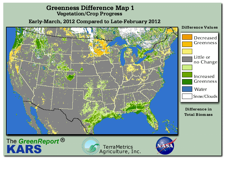 Color-coded U.S. vegetation greeness index map for Period 11 of 2012, illustrating spatial variations in plant vigor, with greener tones indicating higher biomass and browner tones indicating stressed vegetation,
              comparing current crop/vegetation change in biomass to the previous week within the same year.