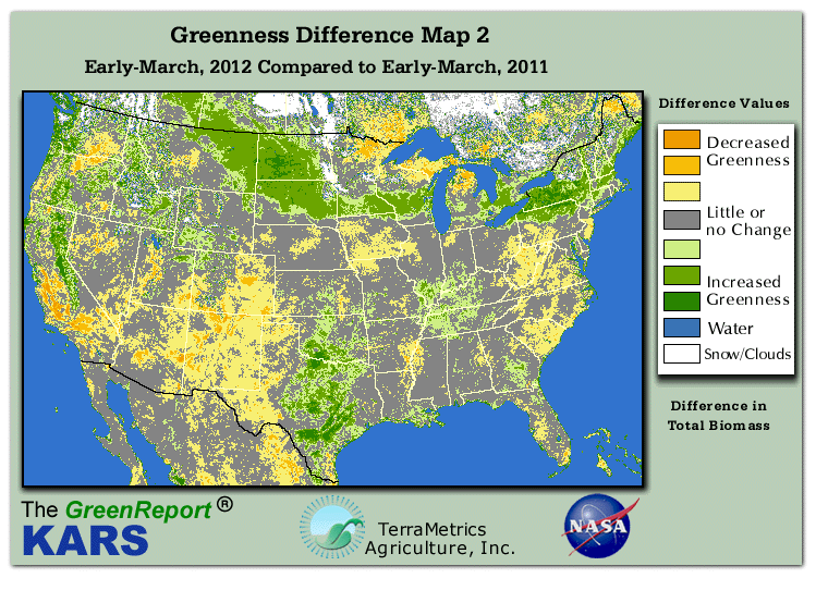 Color-coded U.S. vegetation greeness index map for Period 11 of 2012, illustrating spatial variations in plant vigor, with greener tones indicating higher biomass and browner tones indicating stressed vegetation,
              comparing current crop/vegetation change in biomass to same period from the previous year.