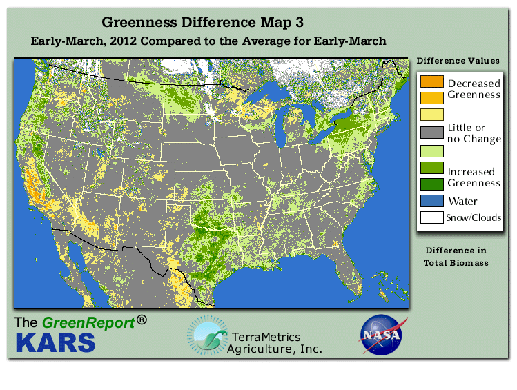 Color-coded U.S. vegetation greeness index map for Period 11 of 2012, illustrating spatial variations in plant vigor, with greener tones indicating higher biomass and browner tones indicating stressed vegetation,
              comparing current crop/vegetation change in biomass to the 20-year greenness average.