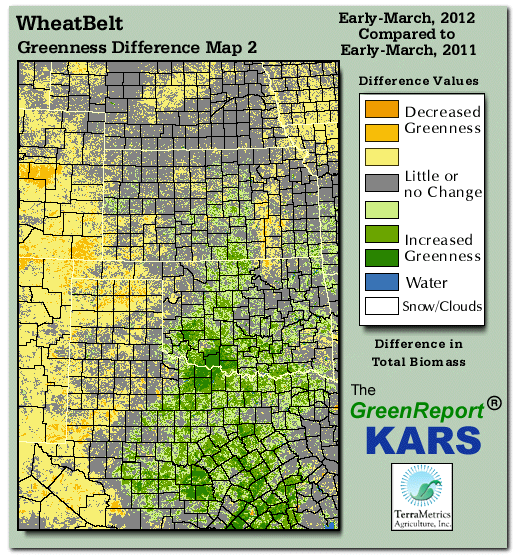 Color-coded Wheat Belt vegetation greeness index map for Period 11 of 2012, illustrating spatial variations in plant vigor, with greener tones indicating higher biomass and browner tones indicating stressed vegetation,
              comparing current crop/vegetation change in biomass to same period from the previous year.
