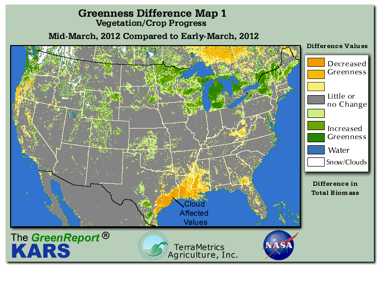Color-coded U.S. vegetation greeness index map for Period 12 of 2012, illustrating spatial variations in plant vigor, with greener tones indicating higher biomass and browner tones indicating stressed vegetation,
              comparing current crop/vegetation change in biomass to the previous week within the same year.