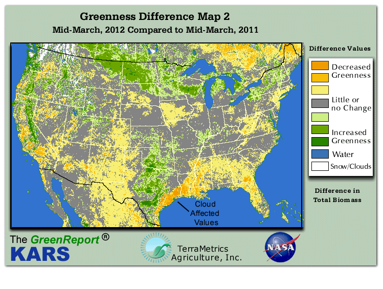 Color-coded U.S. vegetation greeness index map for Period 12 of 2012, illustrating spatial variations in plant vigor, with greener tones indicating higher biomass and browner tones indicating stressed vegetation,
              comparing current crop/vegetation change in biomass to same period from the previous year.